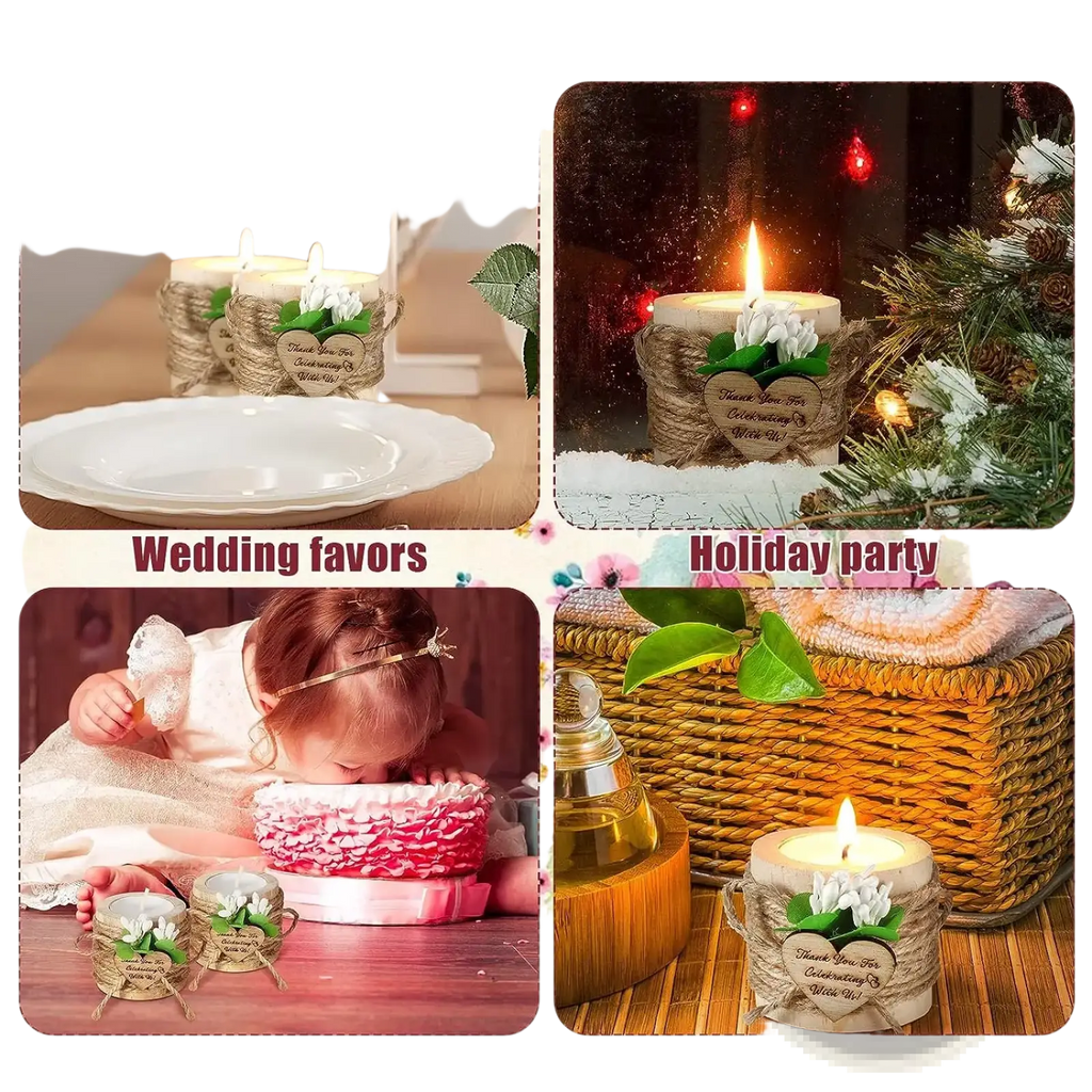 White candle with rustic twine wrap and small white flowers on wooden tealight candle holder wedding guest favor