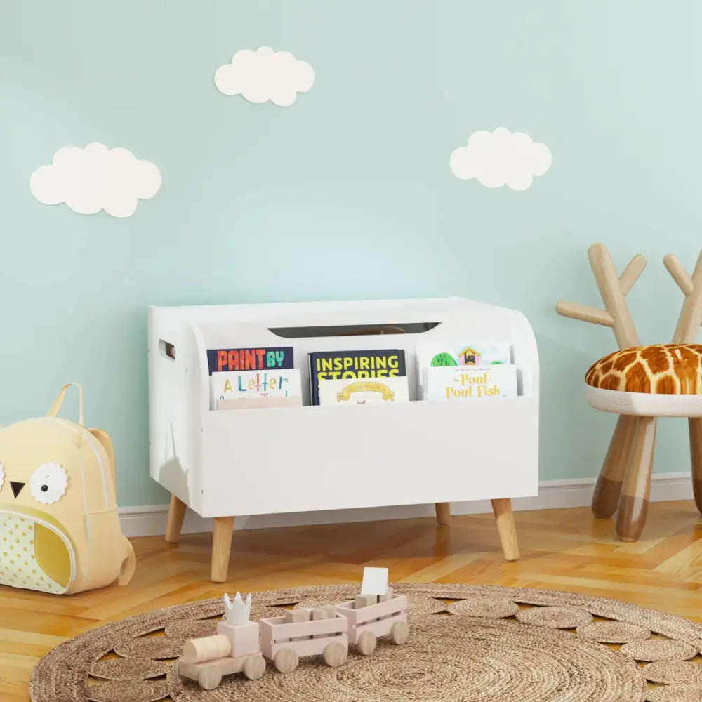 White wooden toy box and bookshelf bench with safety hinge featuring rounded edges and colorful children’s books slots
