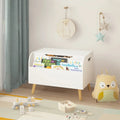 White wooden toy box and bookshelf bench with safety hinge displaying colorful children’s books on front and light wood legs
