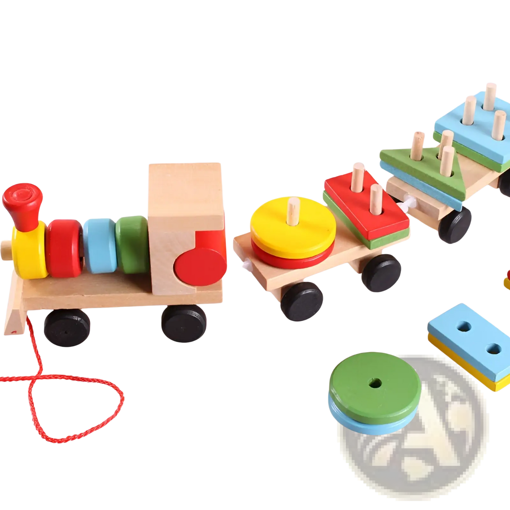 Colorful wooden train stacking toy with red yellow and green circular stack and blue red green shape carriages