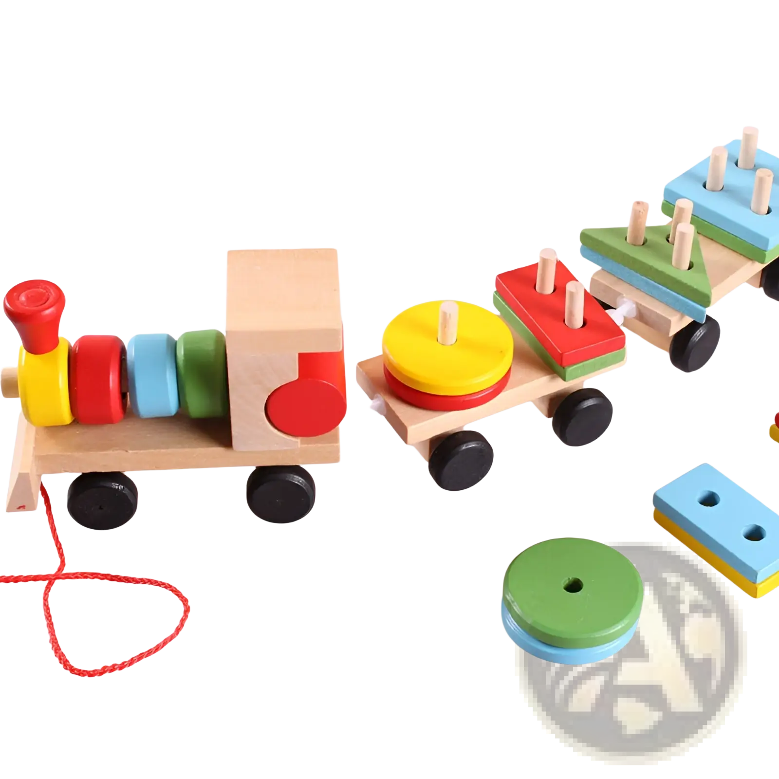 Colorful wooden train stacking toy with red yellow and green circular stack and blue red green shape carriages