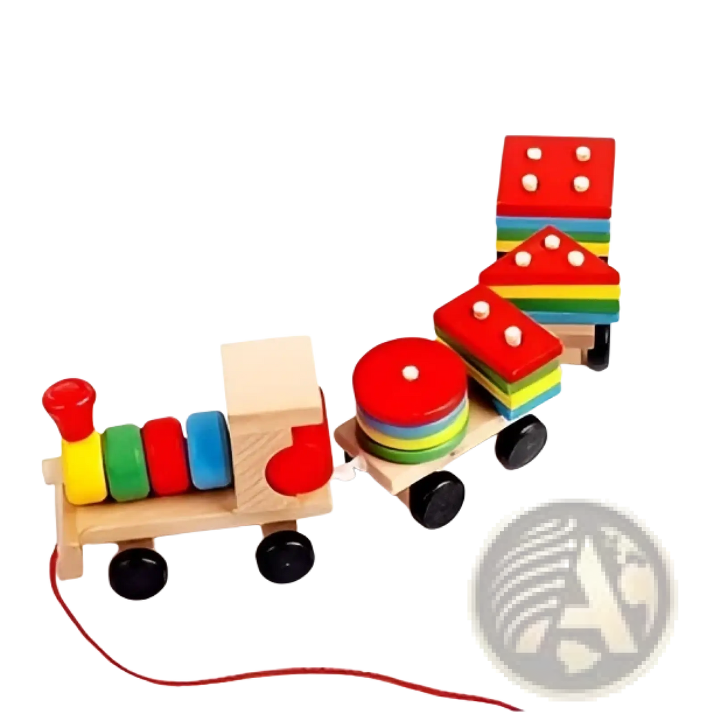 Wooden train stacking toy with colorful circular blocks on each car and a red string attached to the front