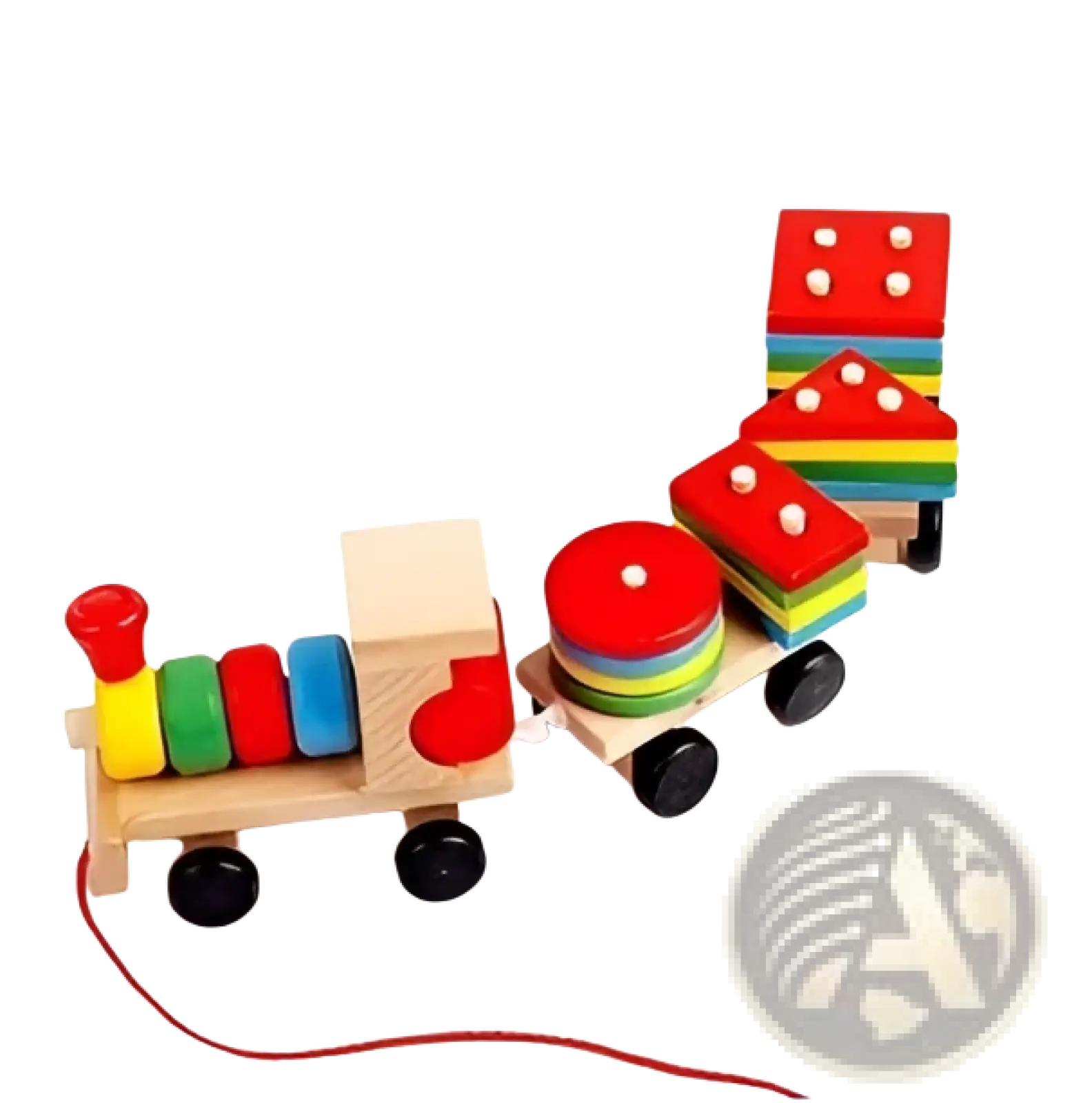 Wooden train stacking toy with colorful circular blocks on each car and a red string attached to the front