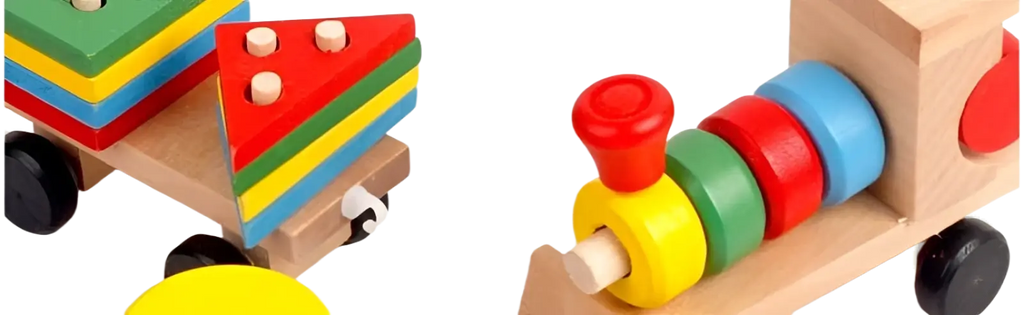 Wooden train stacking toy with colorful circular rings and black wheels for educational shape sorting