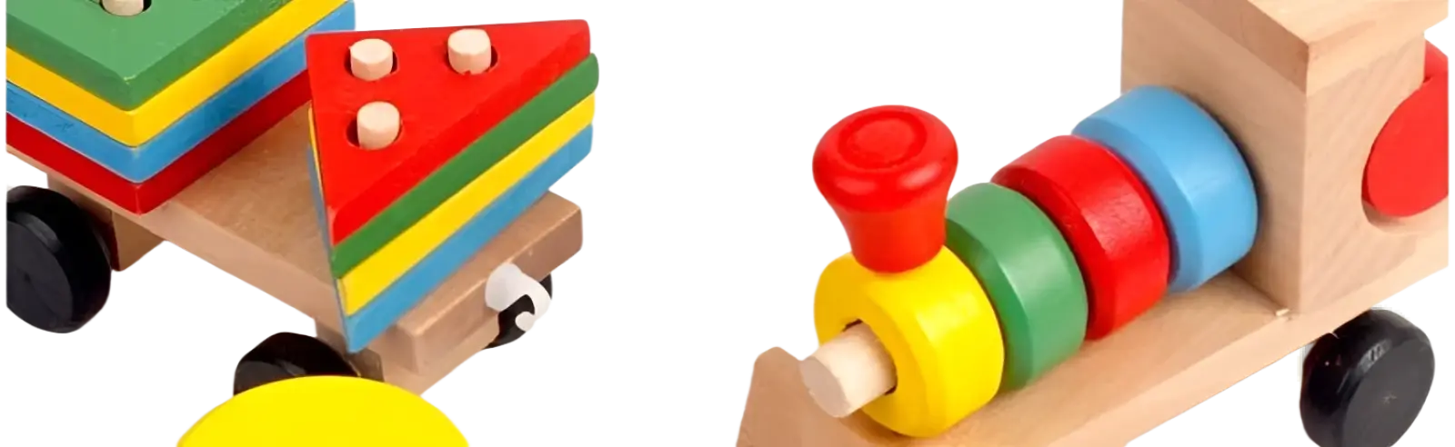 Wooden train stacking toy with colorful circular rings and black wheels for educational shape sorting