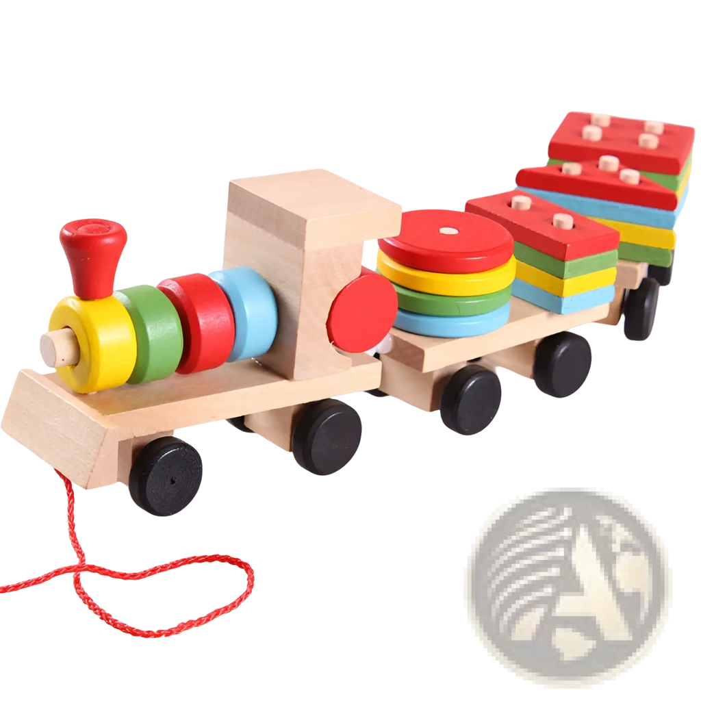 Wooden train stacking toy educational shape sorter featuring colorful geometric blocks and rainbow rings with a red handle