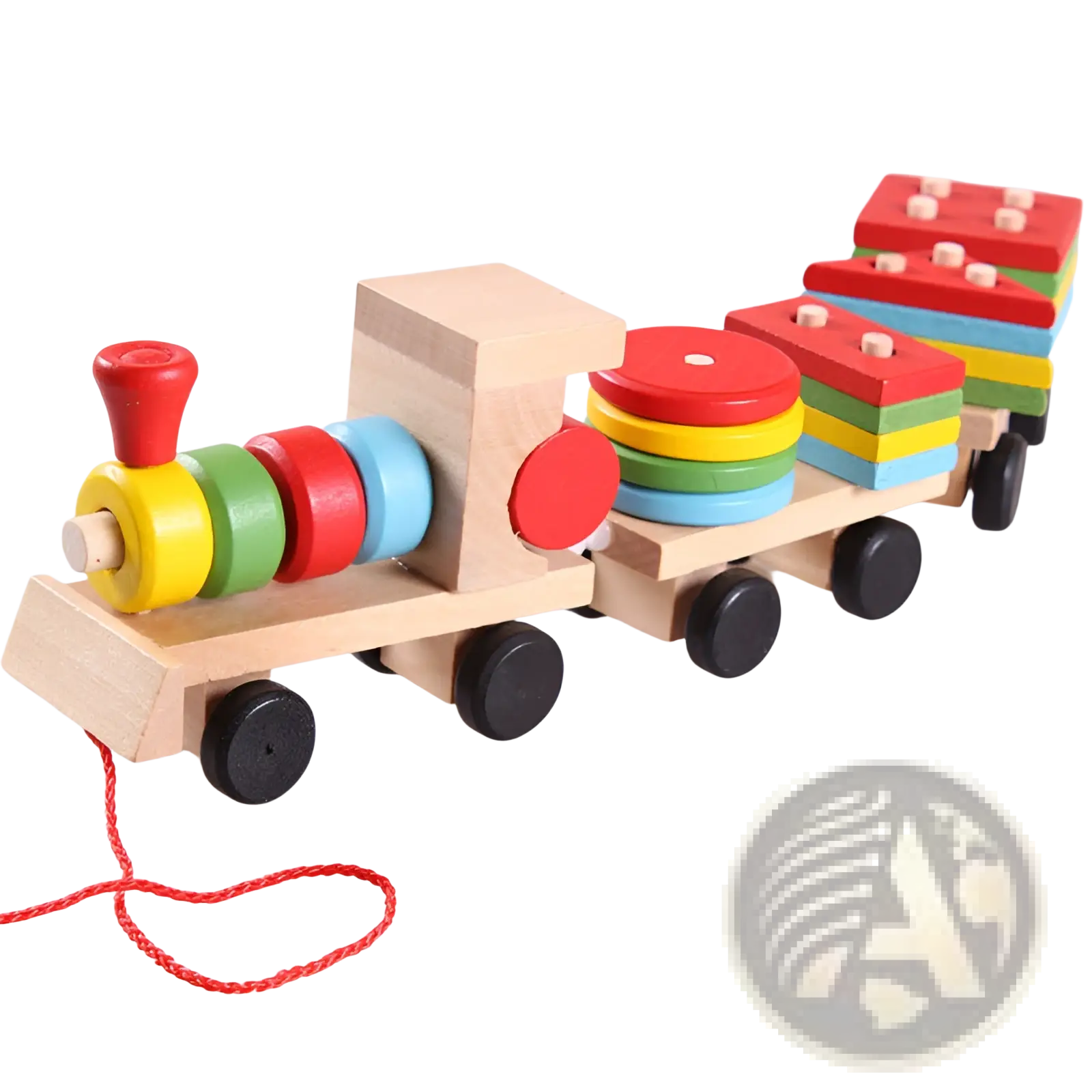 Wooden train stacking toy educational shape sorter featuring colorful geometric blocks and rainbow rings with a red handle