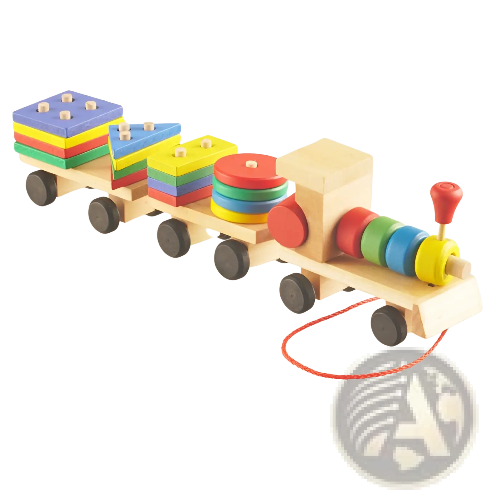 Wooden train stacking toy with colorful geometric shapes on each car and a red pull string for educational play