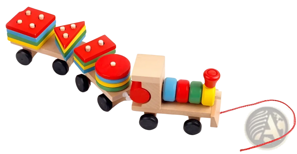 Colorful wooden train stacking toy with geometric shape sorter featuring red blue green and yellow accents for education