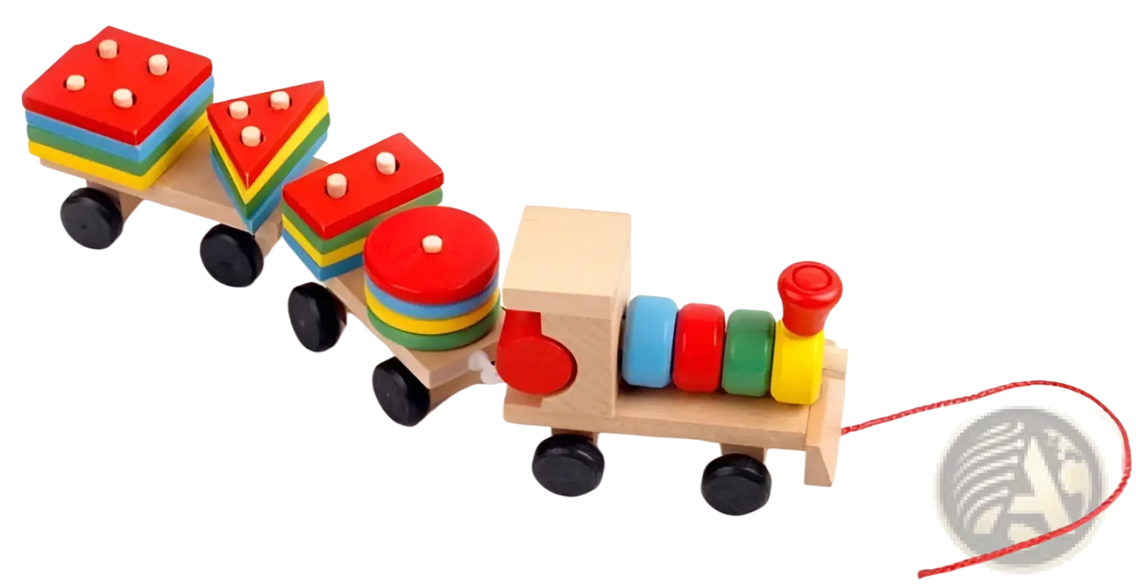 Colorful wooden train stacking toy with geometric shape sorter featuring red blue green and yellow accents for education