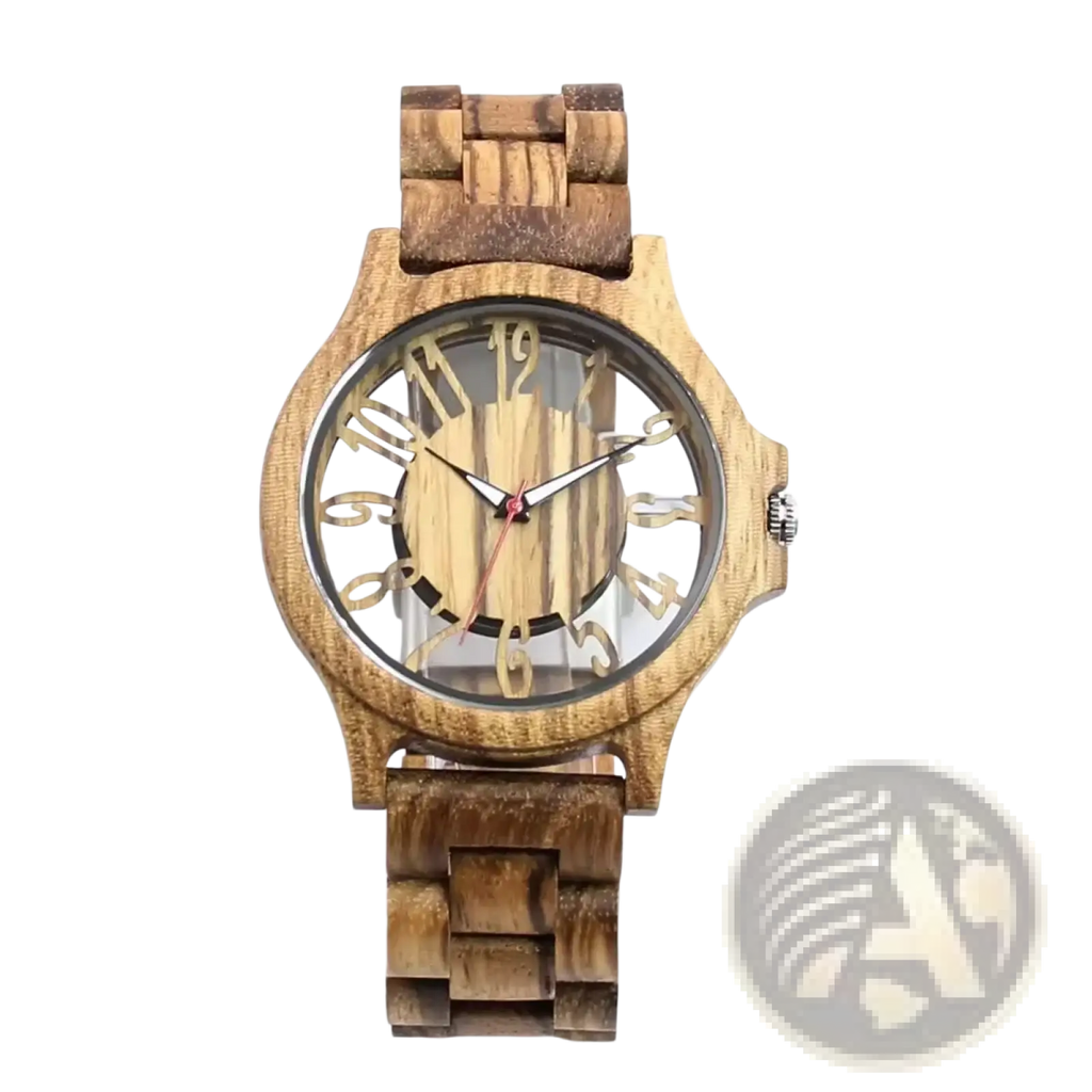 A rustic wooden watch with natural grain finish and gold-toned arabic numerals and hands handmade engraved quartz men timepiece