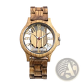 A rustic wooden watch with natural grain finish and gold-toned arabic numerals and hands handmade engraved quartz men timepiece