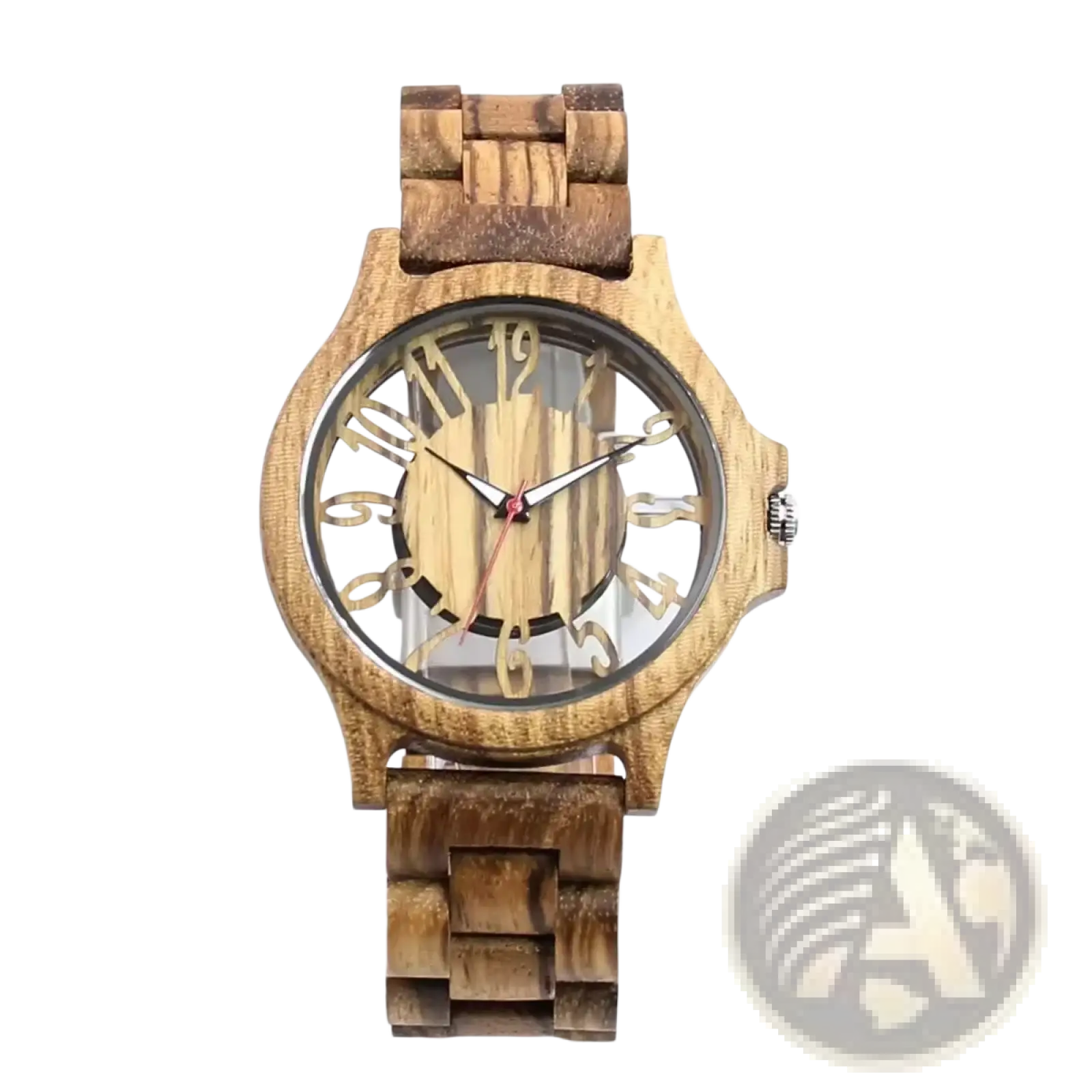 A rustic wooden watch with natural grain finish and gold-toned arabic numerals and hands handmade engraved quartz men timepiece