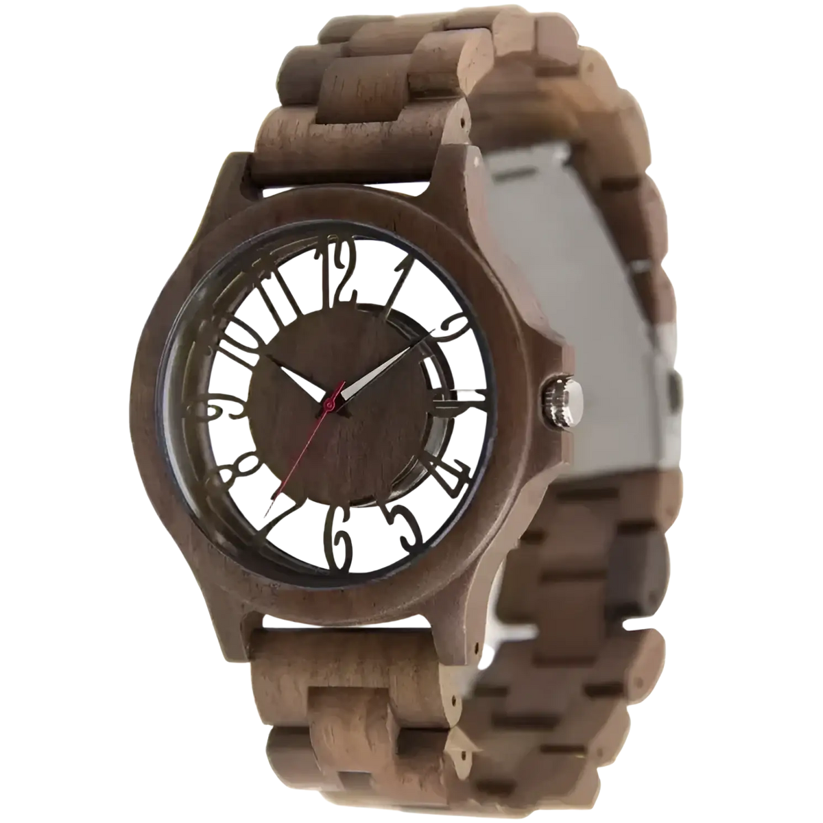 Brown wooden watch handmade engraved quartz men timepiece with white face black numerals and silver toned crown