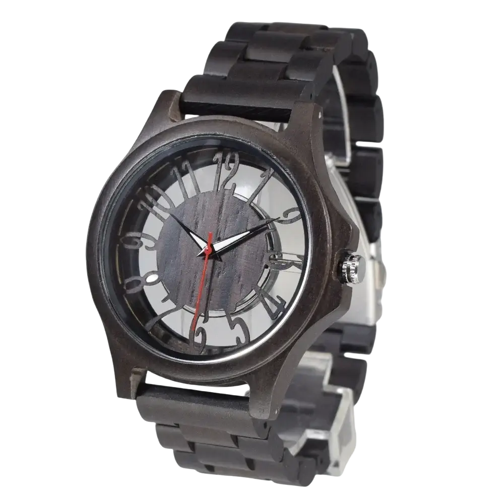 Handmade wooden watch men timepiece with dark wood, black dial, silver hour markers, and red second hand