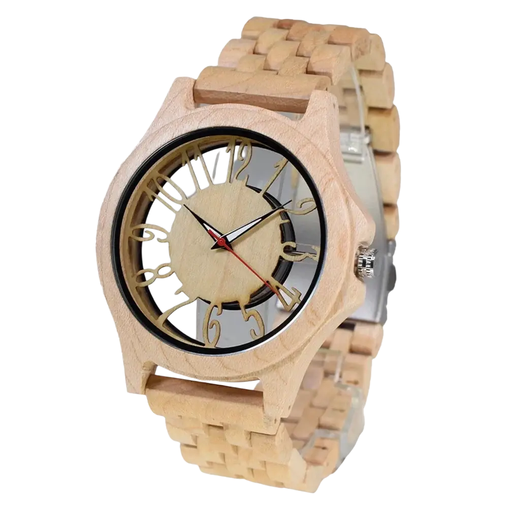 A light-colored handmade wooden watch with a woven band and carved number markers on its face for men