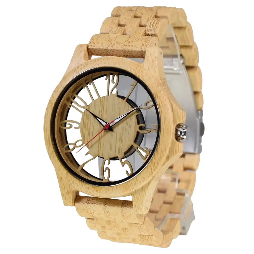 A light-colored wooden watch with a bamboo band and transparent face featuring black arabic numerals