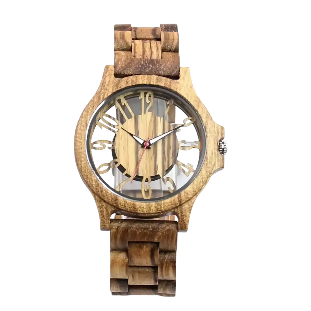A rustic wooden watch with natural grain finish and gold-toned arabic numerals and hands handmade engraved quartz men timepiece