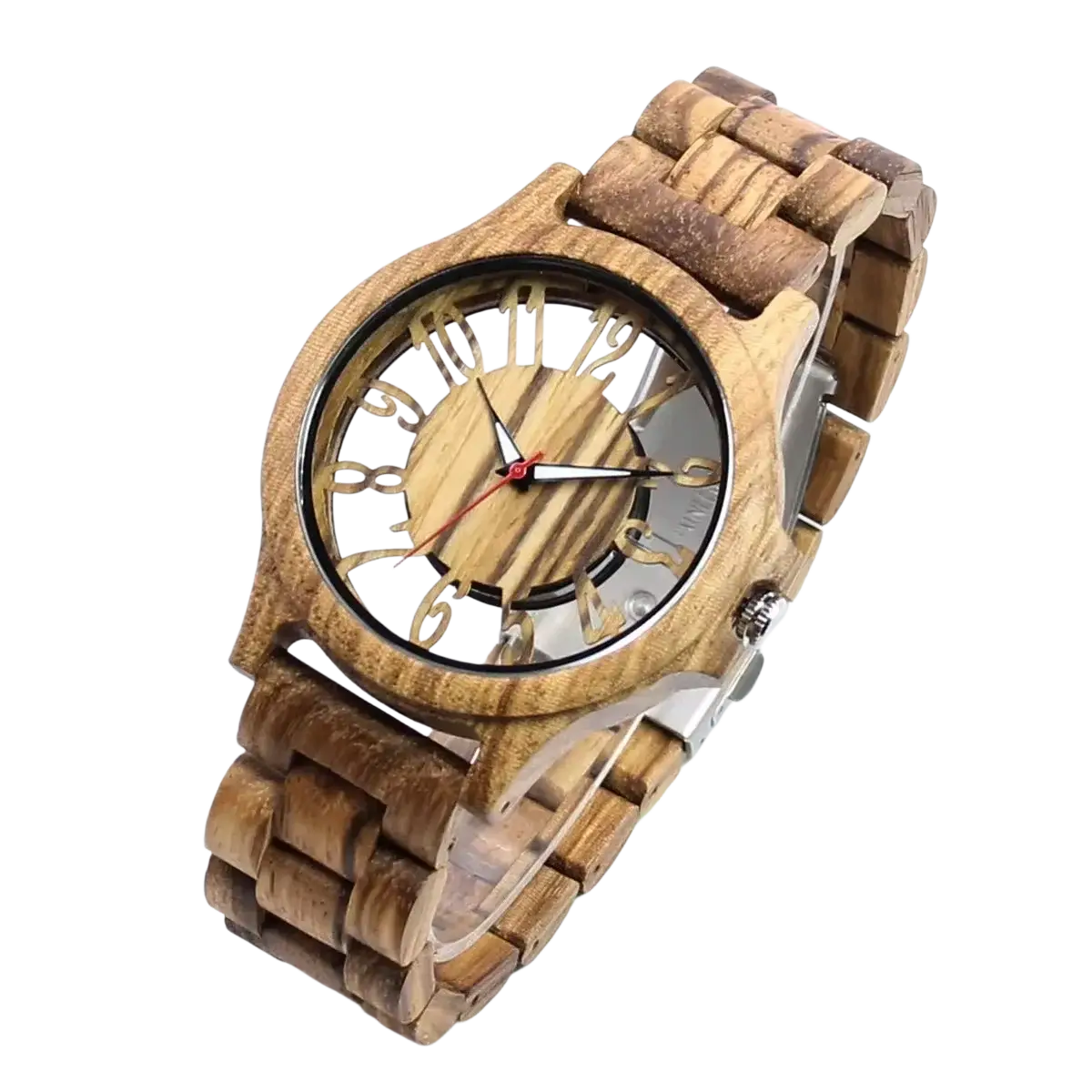 A rustic wooden watch with natural grain finish, transparent face, minimalist hour markers, handmade engraved quartz men timepiece