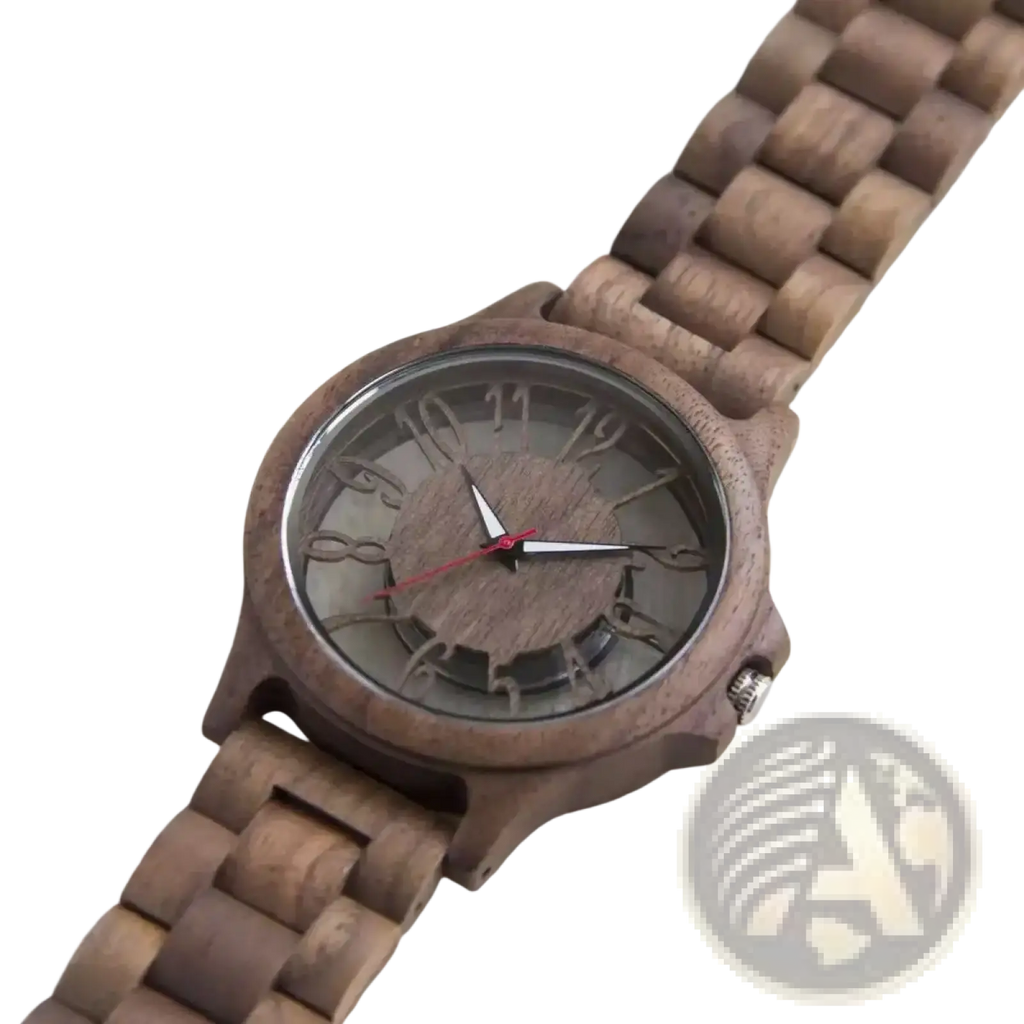 A rustic brown wooden watch with a carved face and metallic accents handmade engraved quartz men timepiece