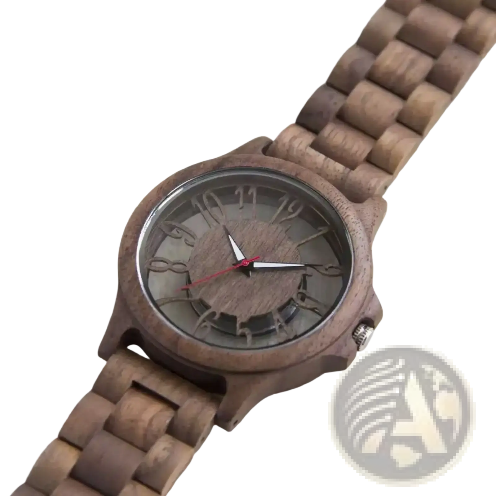 A rustic brown wooden watch with a carved face and metallic accents handmade engraved quartz men timepiece