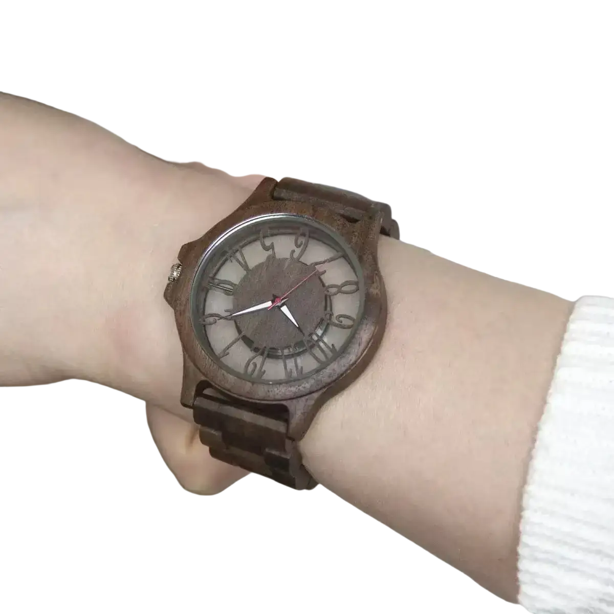 A rustic brown wooden watch with engraved numerals and matching band worn on a wrist handmade quartz men timepiece