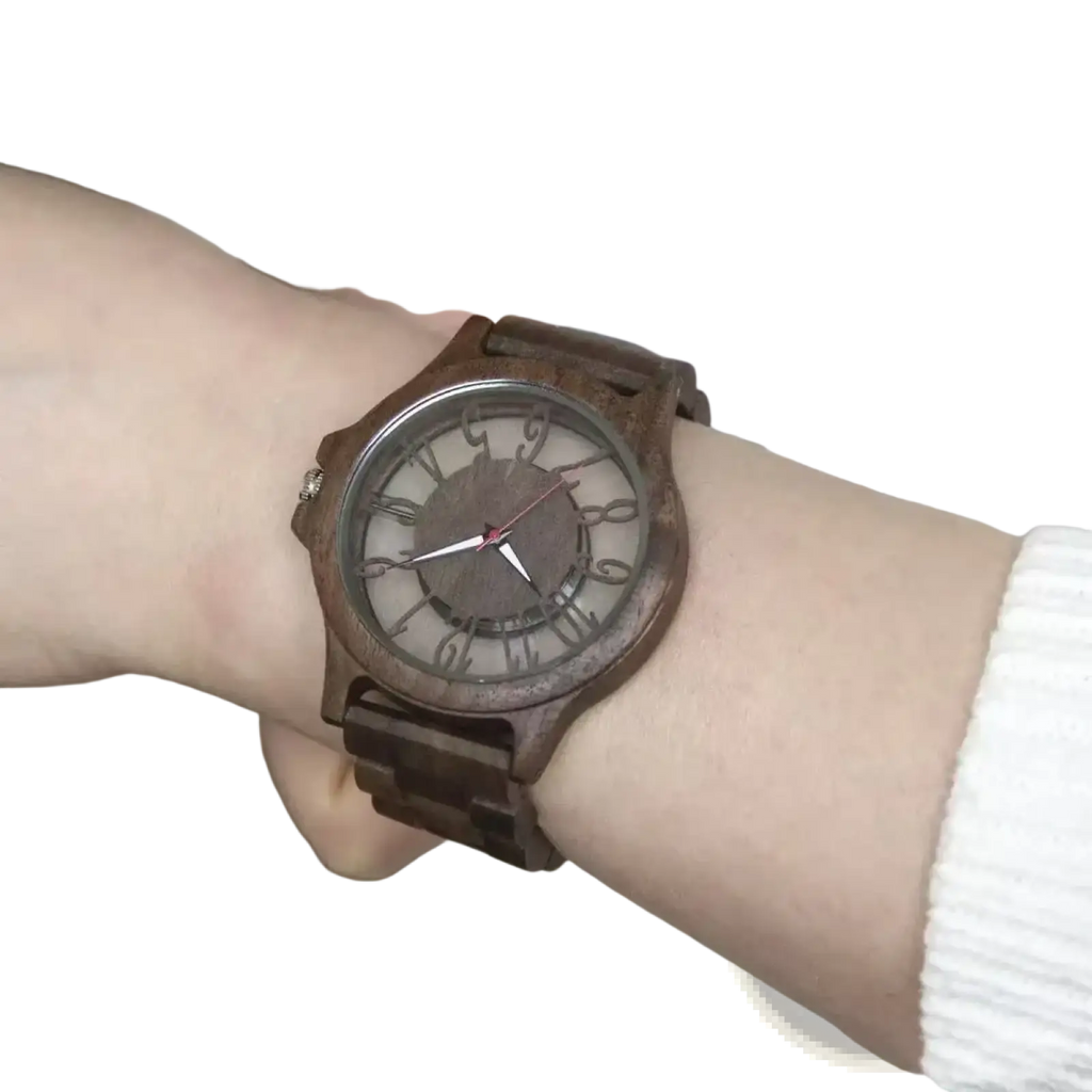 A rustic brown wooden watch with engraved numerals and matching band worn on a wrist handmade quartz men timepiece