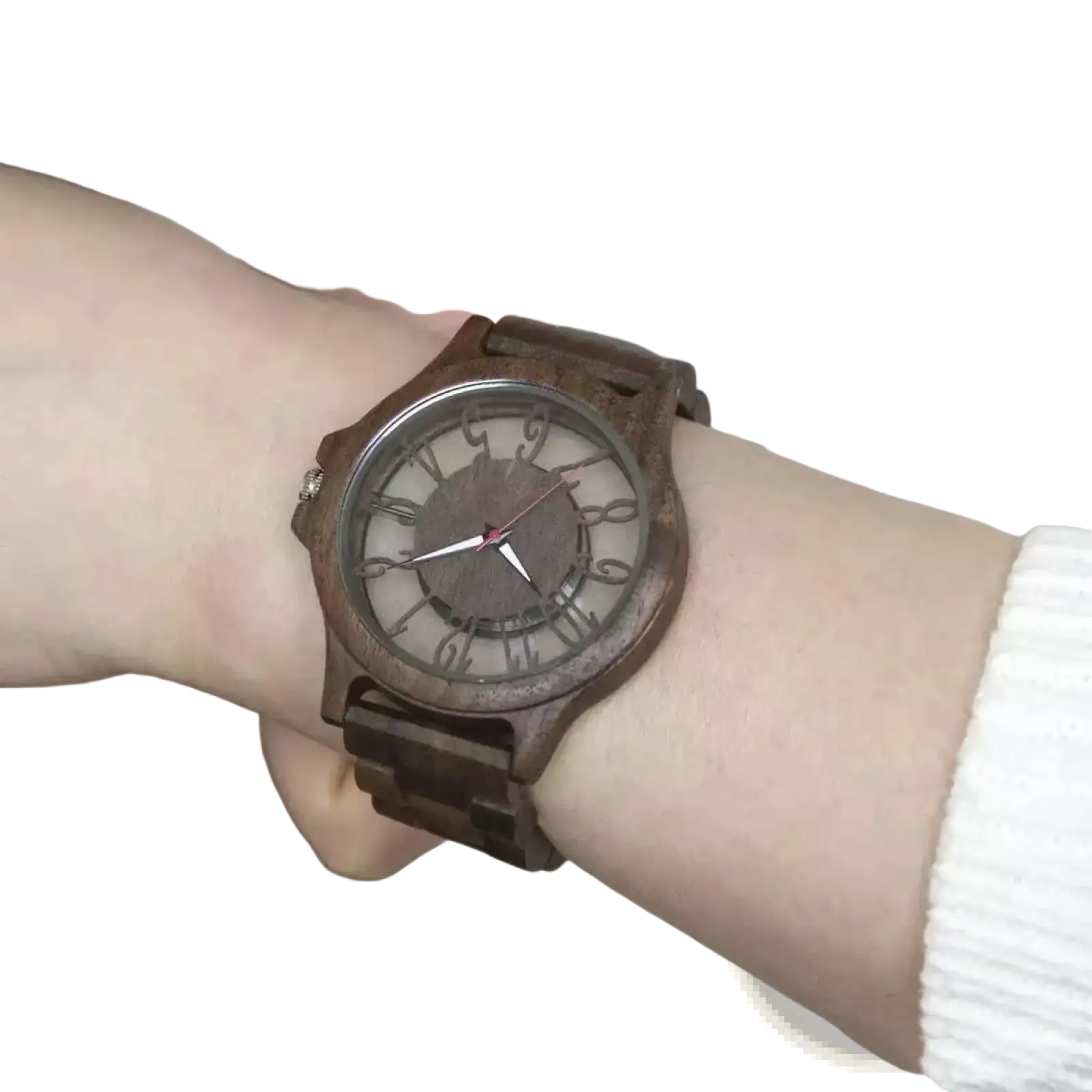 A rustic brown wooden watch with engraved numerals and matching band worn on a wrist handmade quartz men timepiece