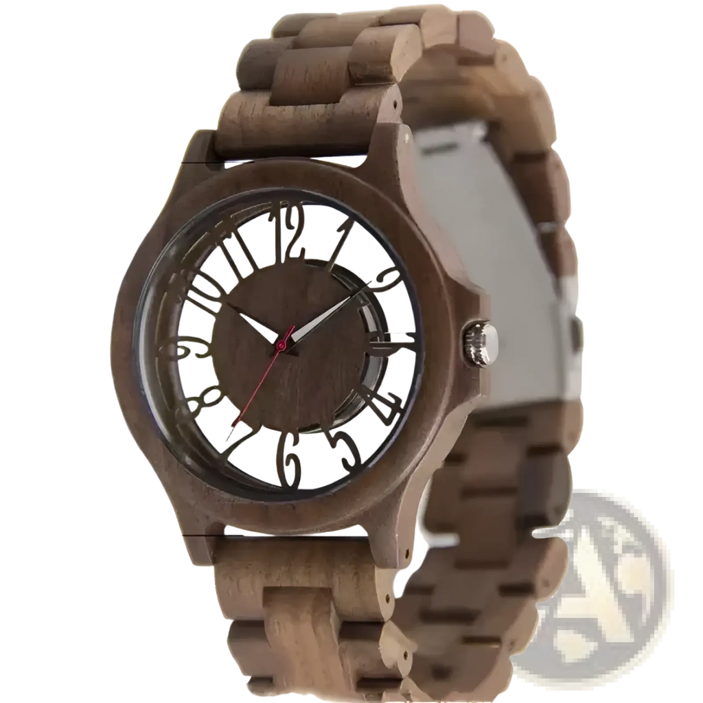 A rustic brown wooden watch with a white dial black arabic numerals and silver-toned hands handmade engraved quartz men timepiece