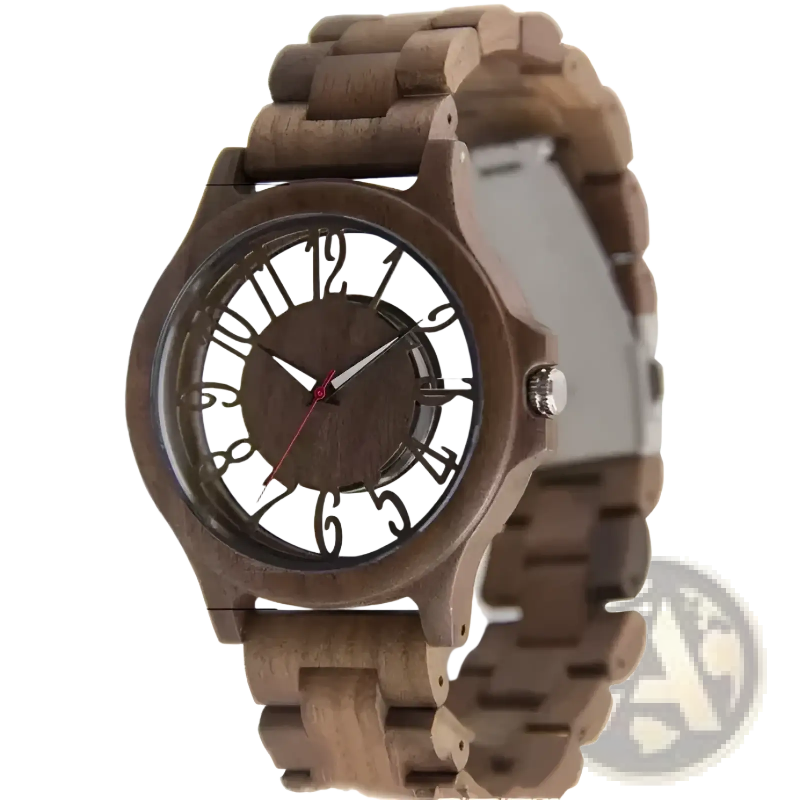 A rustic brown wooden watch with a white dial black arabic numerals and silver-toned hands handmade engraved quartz men timepiece