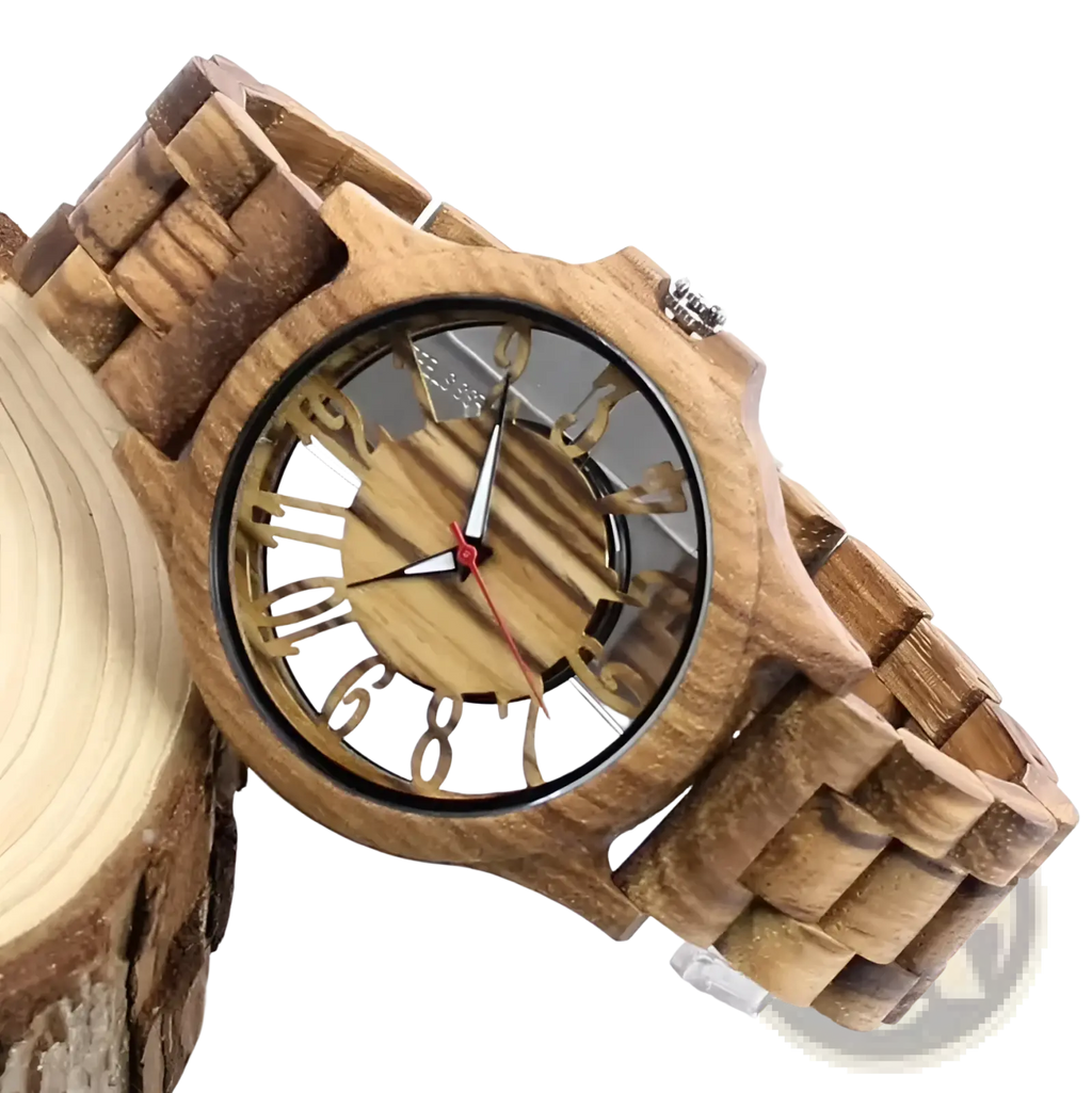 A rustic wooden watch handmade with natural grain finish carved roman numerals and silver-toned hands on transparent face