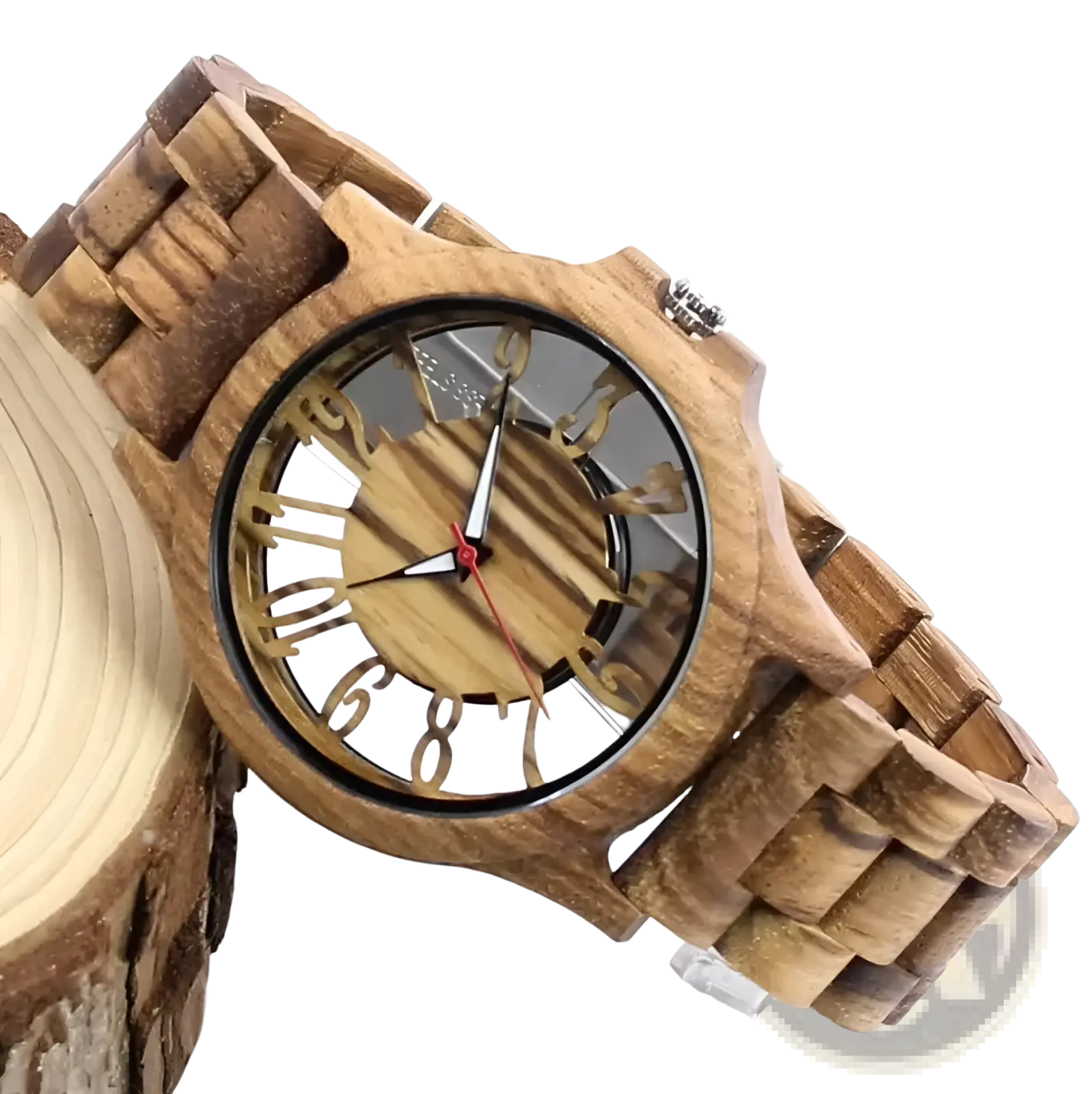 A rustic wooden watch handmade with natural grain finish carved roman numerals and silver-toned hands on transparent face