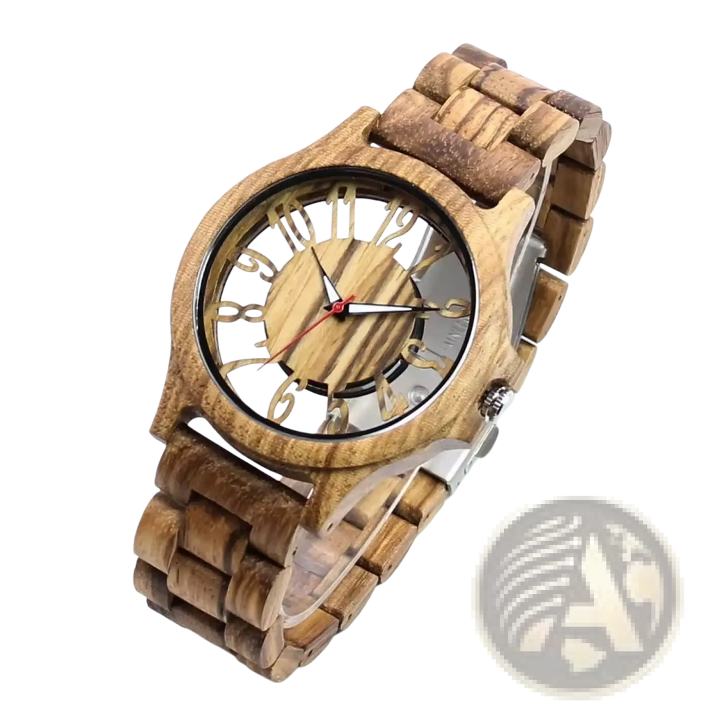 A rustic wooden watch with natural grain finish, transparent face, minimalist hour markers, handmade engraved quartz men timepiece