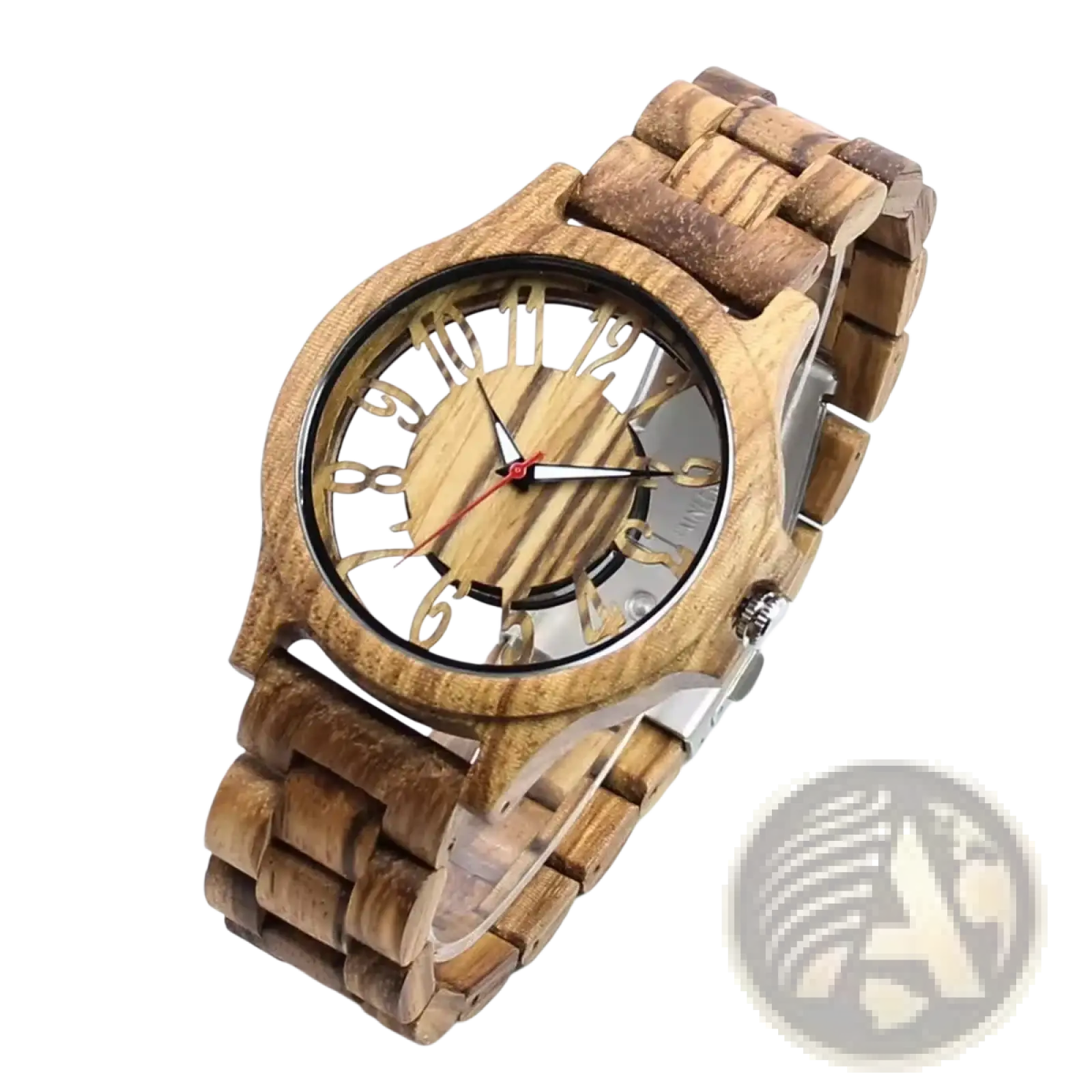 A rustic wooden watch with natural grain finish, transparent face, minimalist hour markers, handmade engraved quartz men timepiece