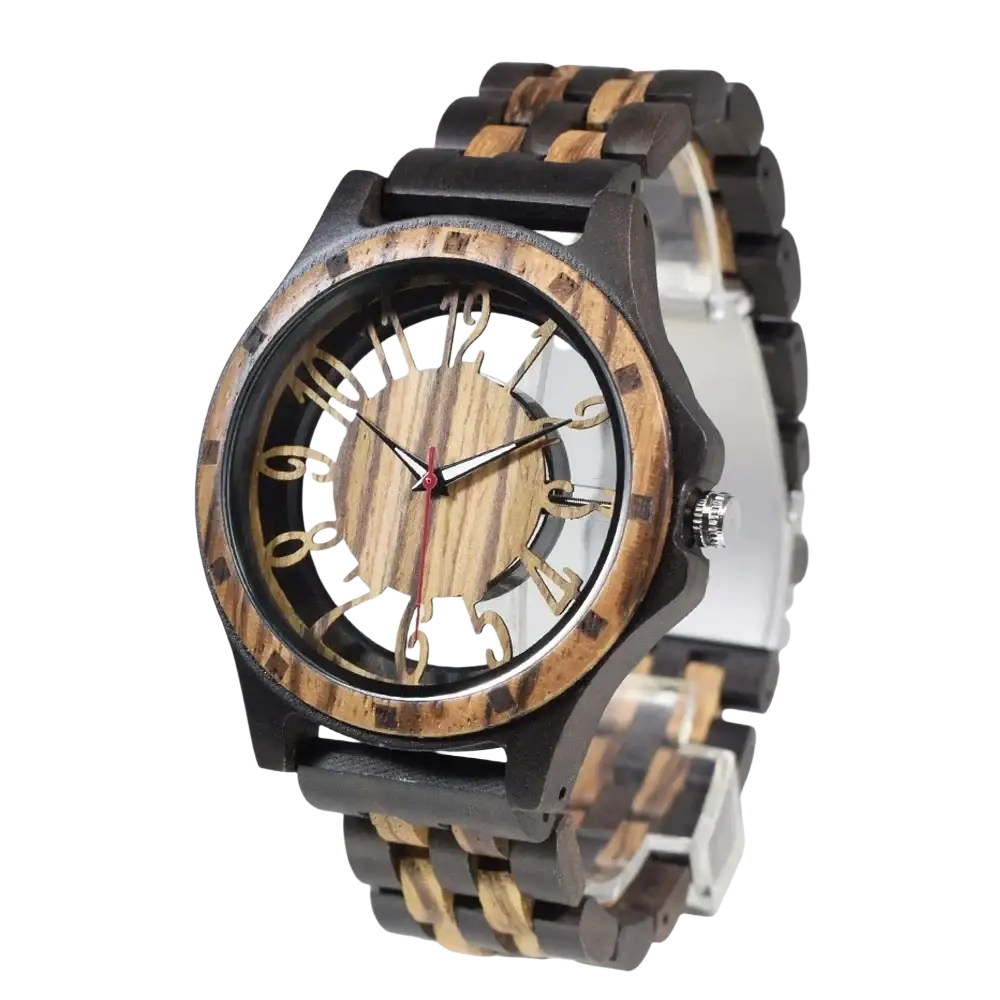 A wooden watch handmade engraved quartz men timepiece with dark and light wood grain and gold-toned numerals