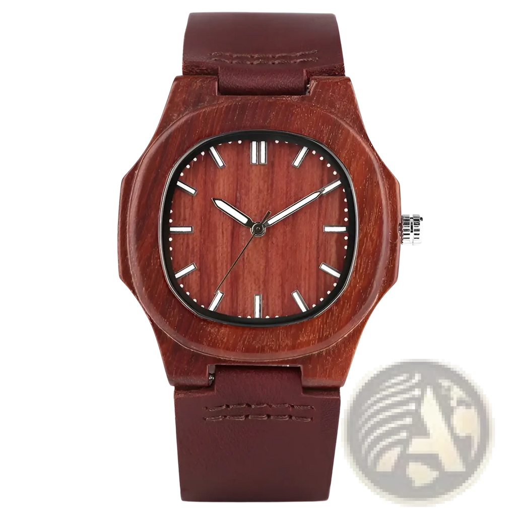 A rich reddish-brown wooden watch men leather strap casual quartz timepiece with a sleek octagonal case