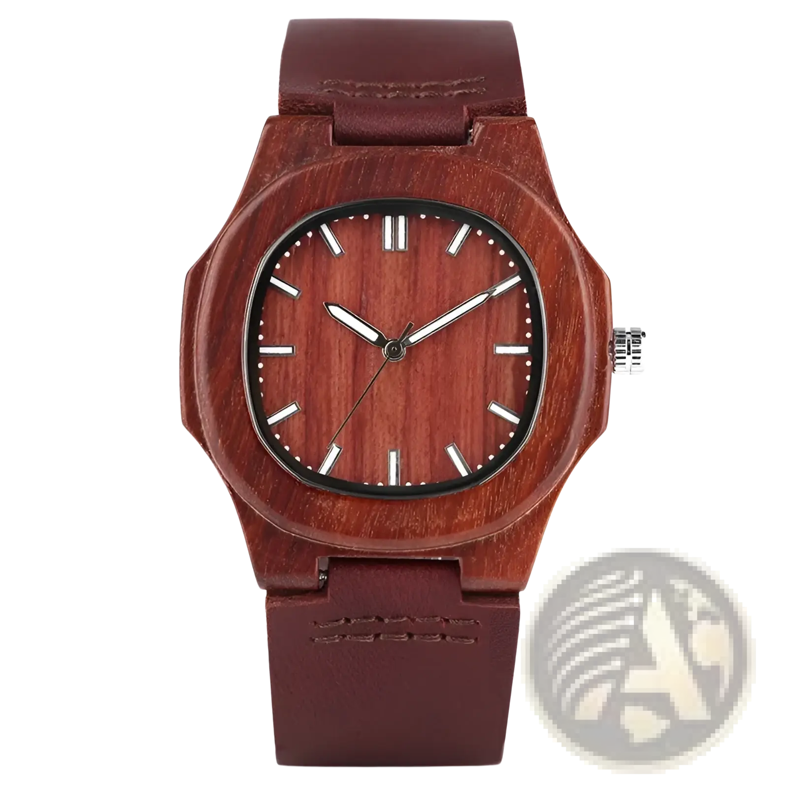 A rich reddish-brown wooden watch men leather strap casual quartz timepiece with a sleek octagonal case