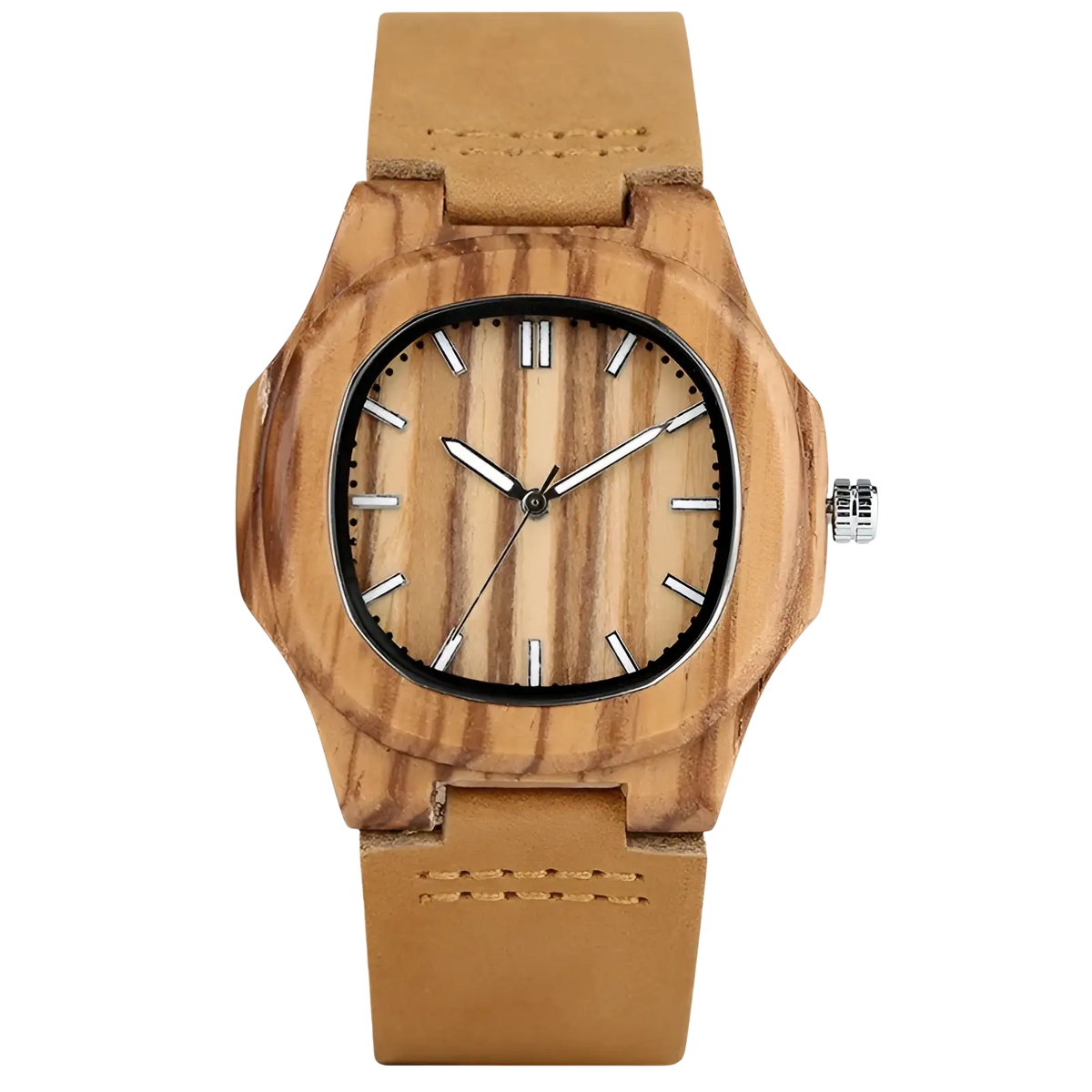 Wooden watch men leather strap casual quartz timepiece with light brown striped wood face and tan leather strap