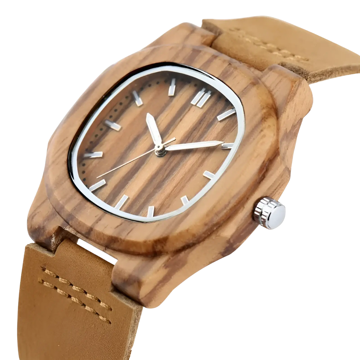 Wooden watch men leather strap casual quartz timepiece with natural grain wood face silver hands and tan leather band