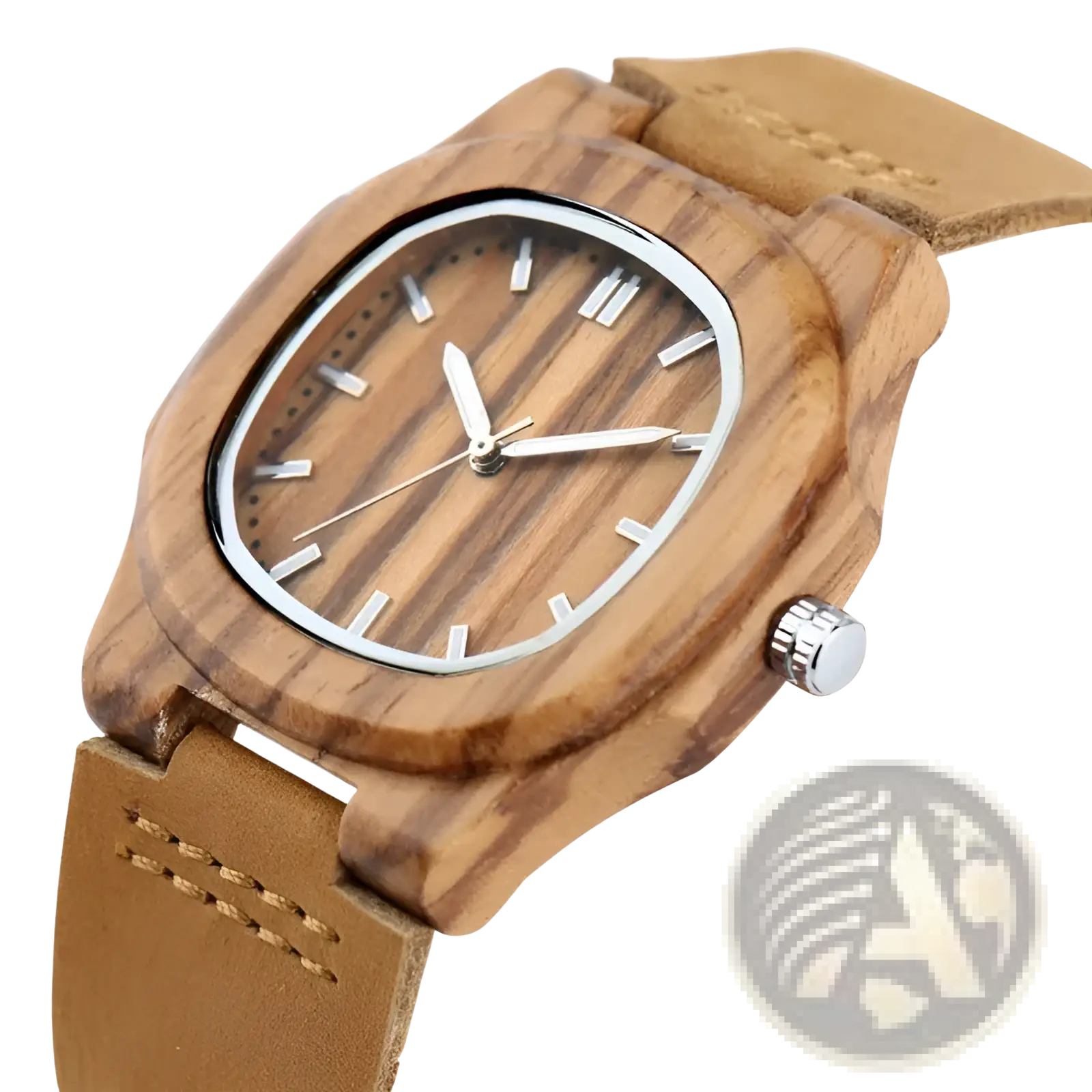 Wooden watch men leather strap casual quartz timepiece with natural grain wood face silver hands and tan leather band