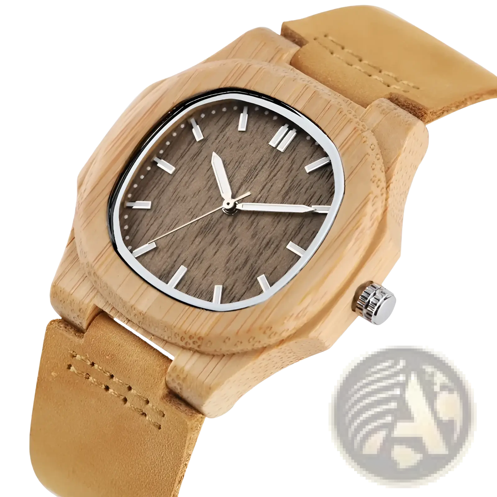 A natural-toned bamboo wood watch with light brown leather strap and silver-tone accents for casual wear