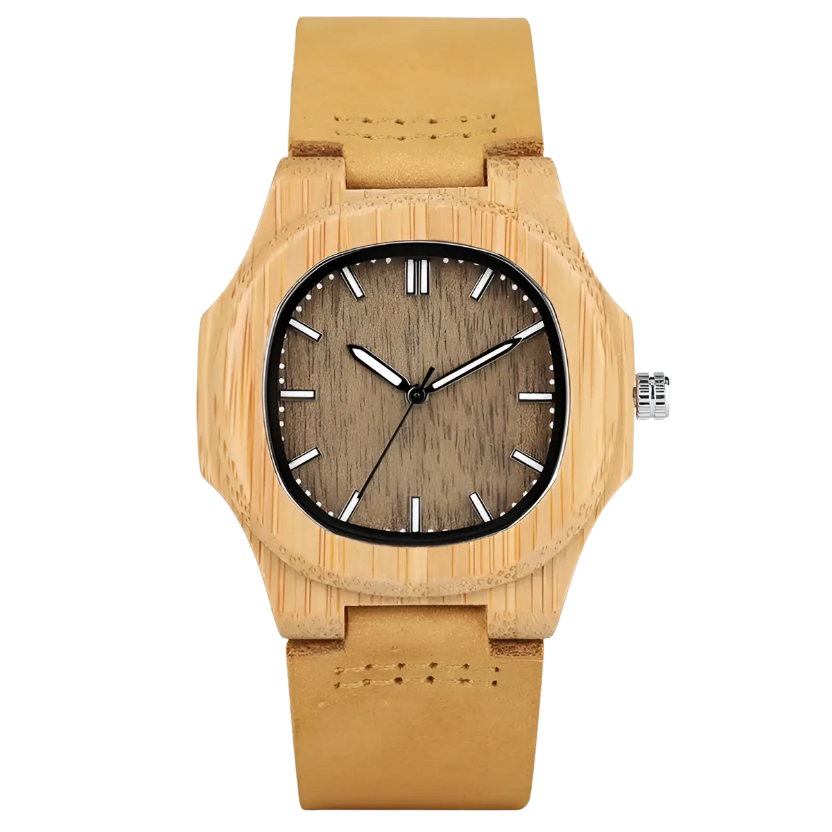 A natural wood-toned bamboo wooden watch with tan leather strap and dark brown minimalist textured dial for casual wear