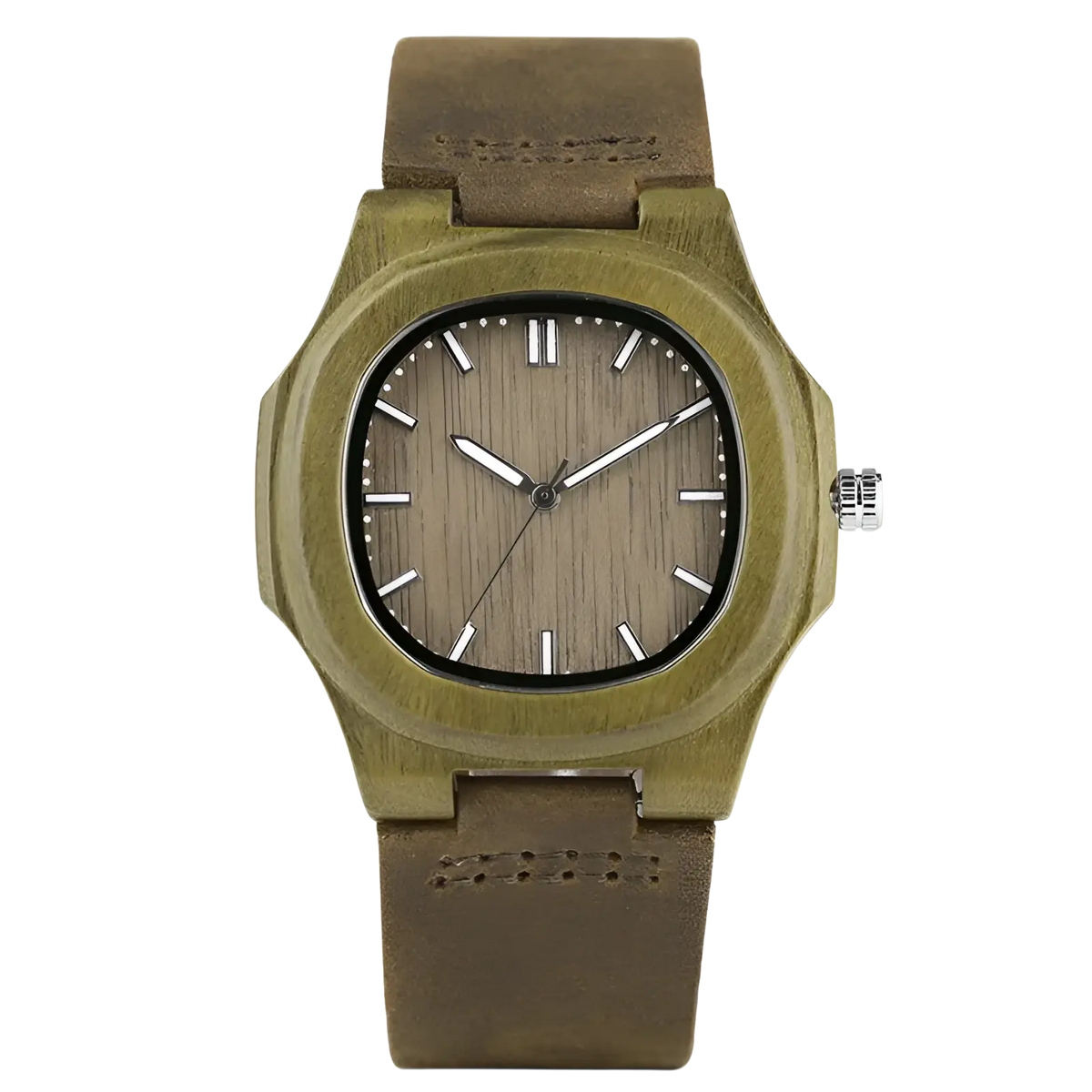 Olive green wooden watch with brown leather strap and silver hands for casual men featuring quartz movement