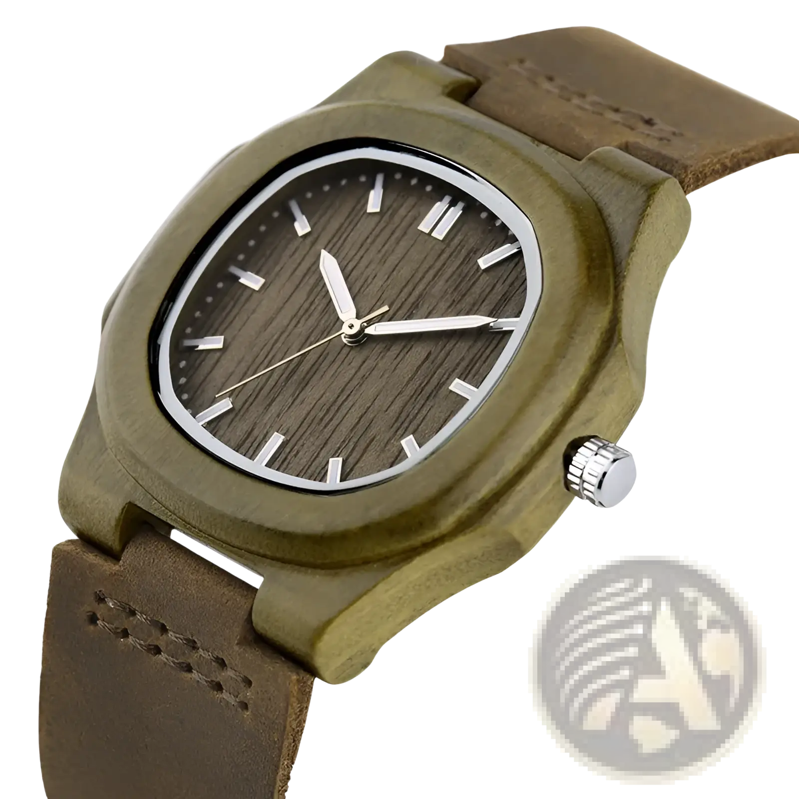 Olive green wooden watch with brown leather strap silver-toned hands and markers casual quartz timepiece for men