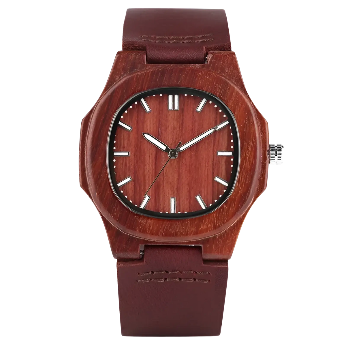 A rich reddish-brown wooden watch men leather strap casual quartz timepiece with a sleek octagonal case