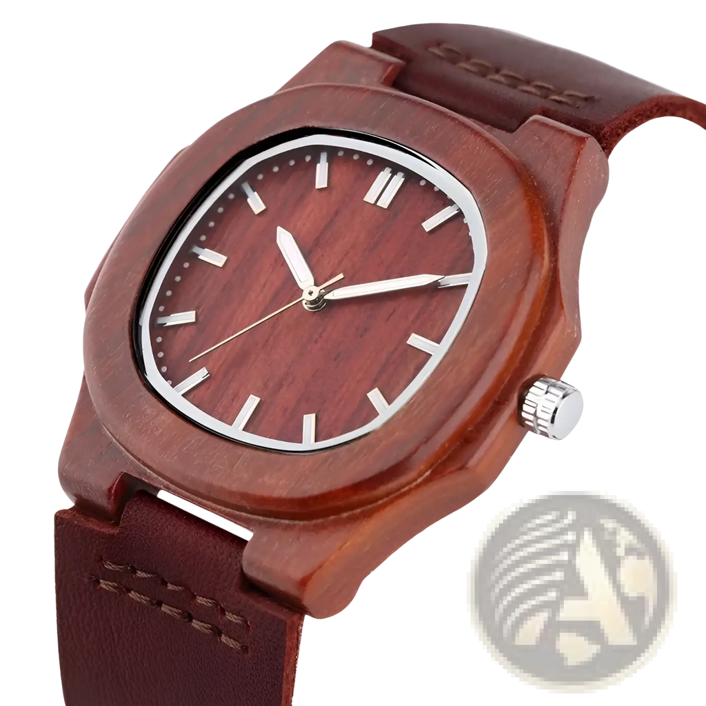 A rich reddish-brown wooden watch men leather strap casual quartz timepiece with sleek octagonal case and matching strap