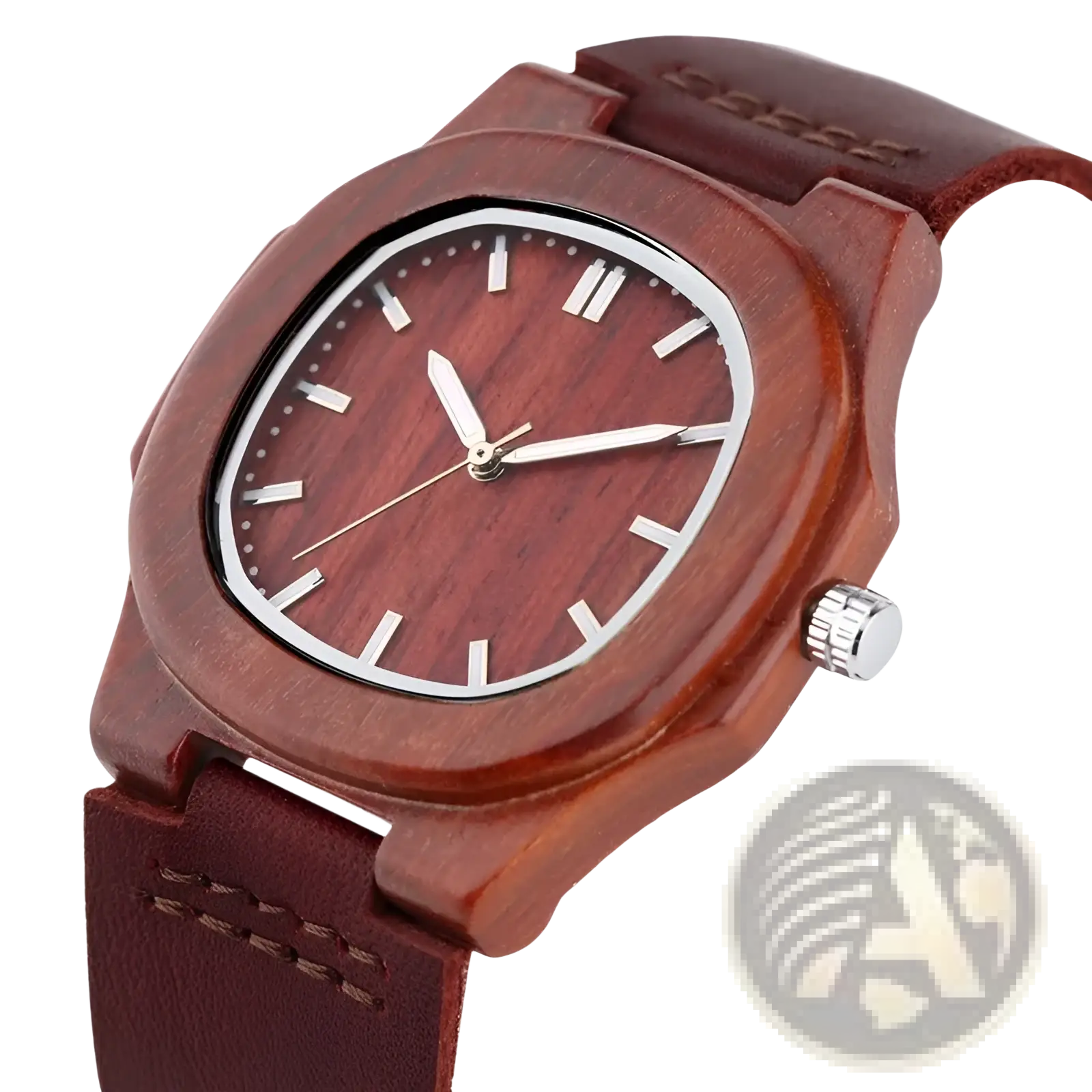 A rich reddish-brown wooden watch men leather strap casual quartz timepiece with sleek octagonal case and matching strap
