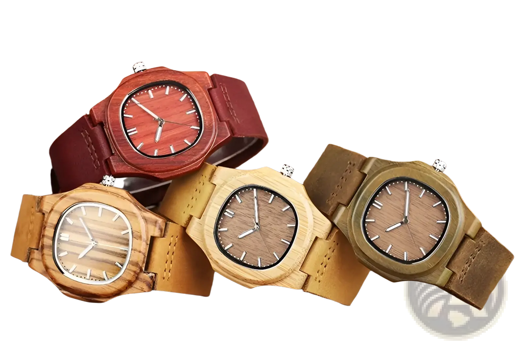 Wooden watch men leather strap casual quartz timepiece featuring natural grain patterns in red light brown and golden hues