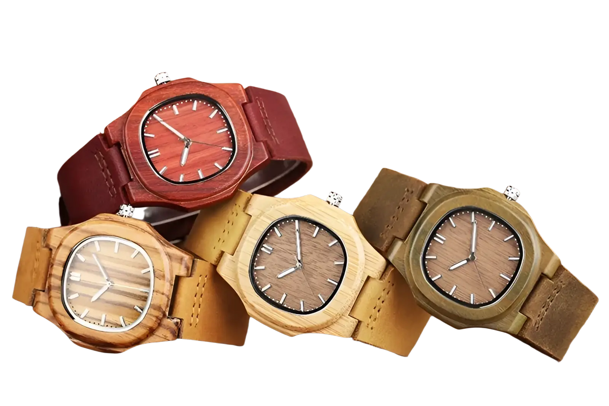 Wooden watch men leather strap casual quartz timepiece featuring natural grain patterns in red light brown and golden hues