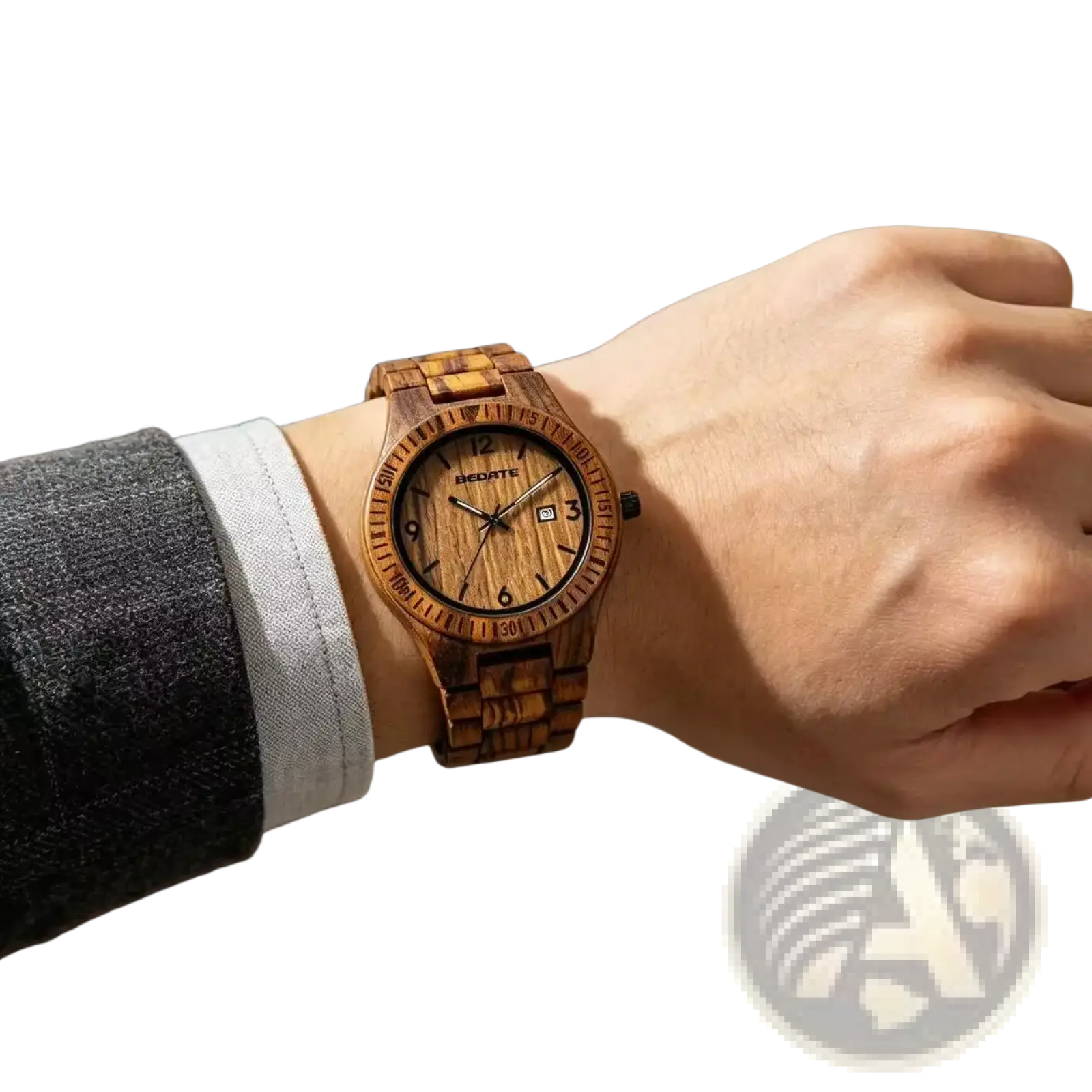 A wooden watch for men with a natural brown finish, visible grain, round face, black numerals, luminous hands, and quartz date